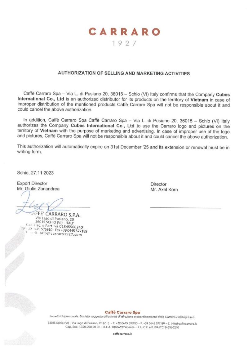 Certificate of Distribution Carraro