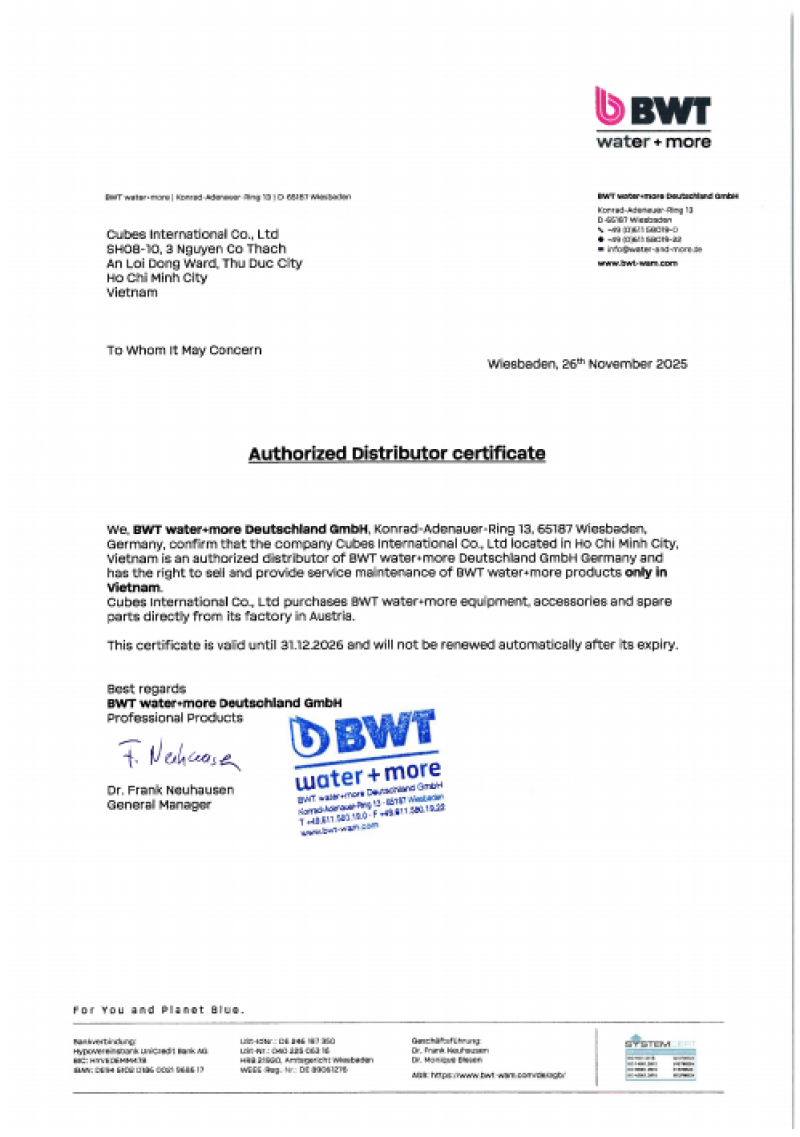 Certificate of Distribution BWT