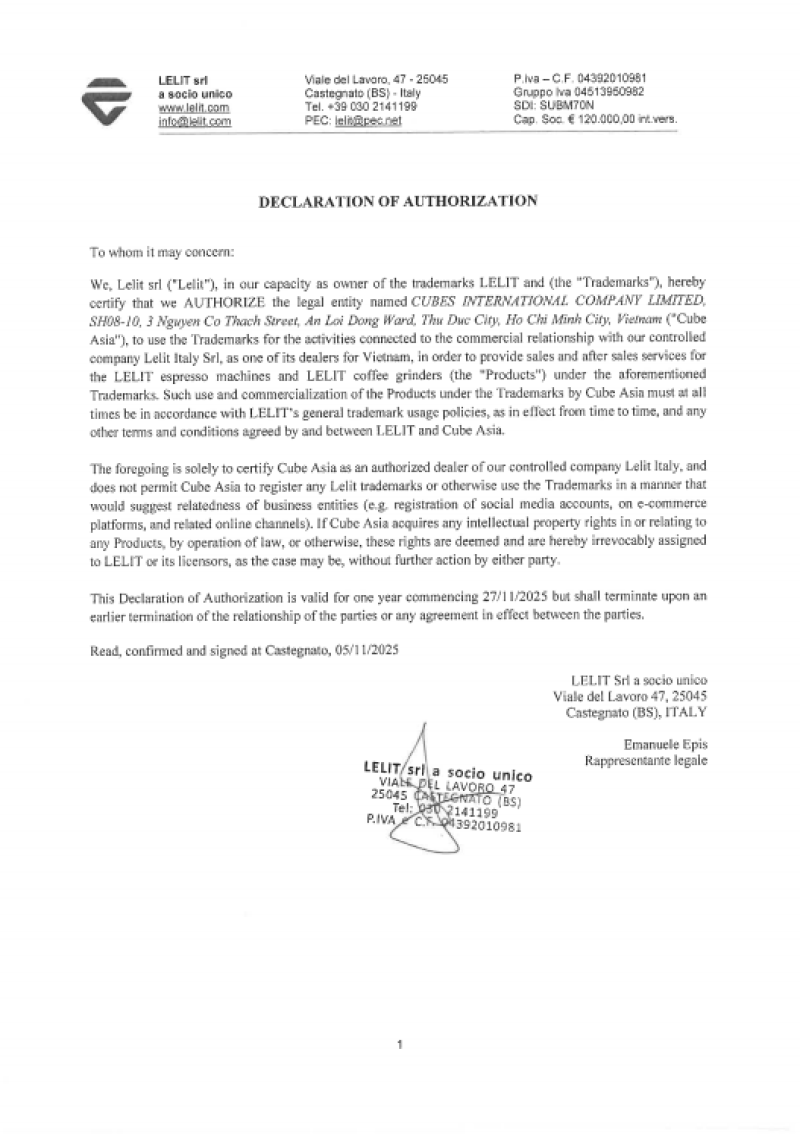 Lelit Declaration of Distribution